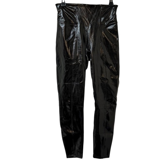 SPANX Faux Patent Leather Leggings Ankle Black Pull on Stretch Pants Petite M - Picture 1 of 5